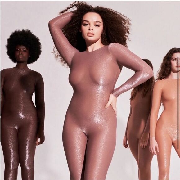 SKIMS Shimmer Glitter Catsuit Onesie Size Small in Umber Long Sleeve - Picture 1 of 10